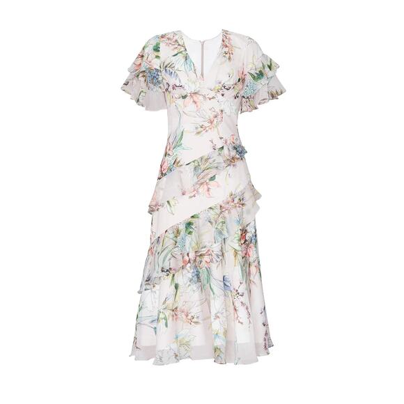 Theia Floral Ruffle Midi Dress Blush Pink Size 2 - Picture 5 of 6